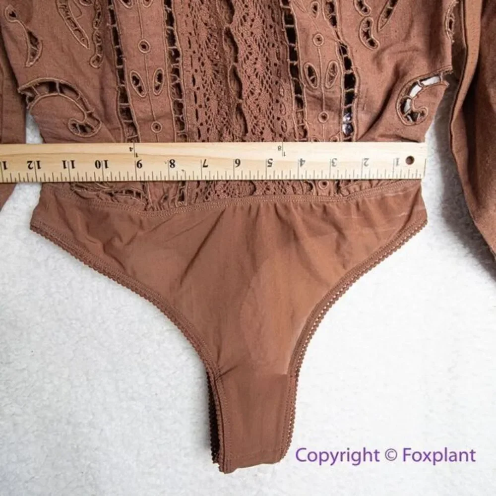 NEW Free‎ People Intimately Brown Regina Boho Long Sleeve Bodysuit, S